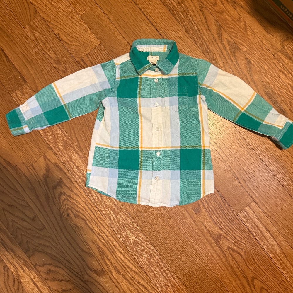 Crewcuts by J.Crew Green / White / Gold Plaid Collared Button down Shirt - 3T